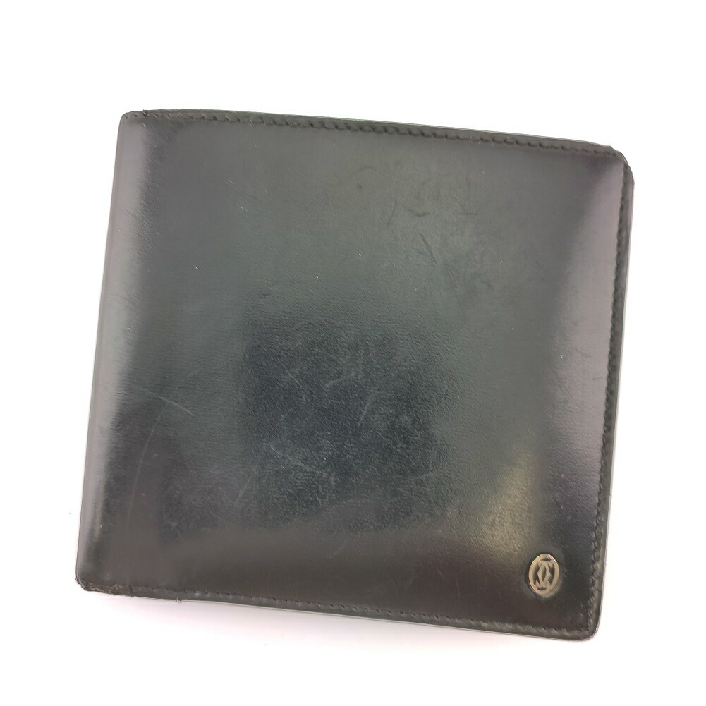 【お買い物マラソン★30％OFFクーポン】カルティエ 二つ折り財布 パシャ ブラック シルバー レザー メンズ 中古 CARTIER
