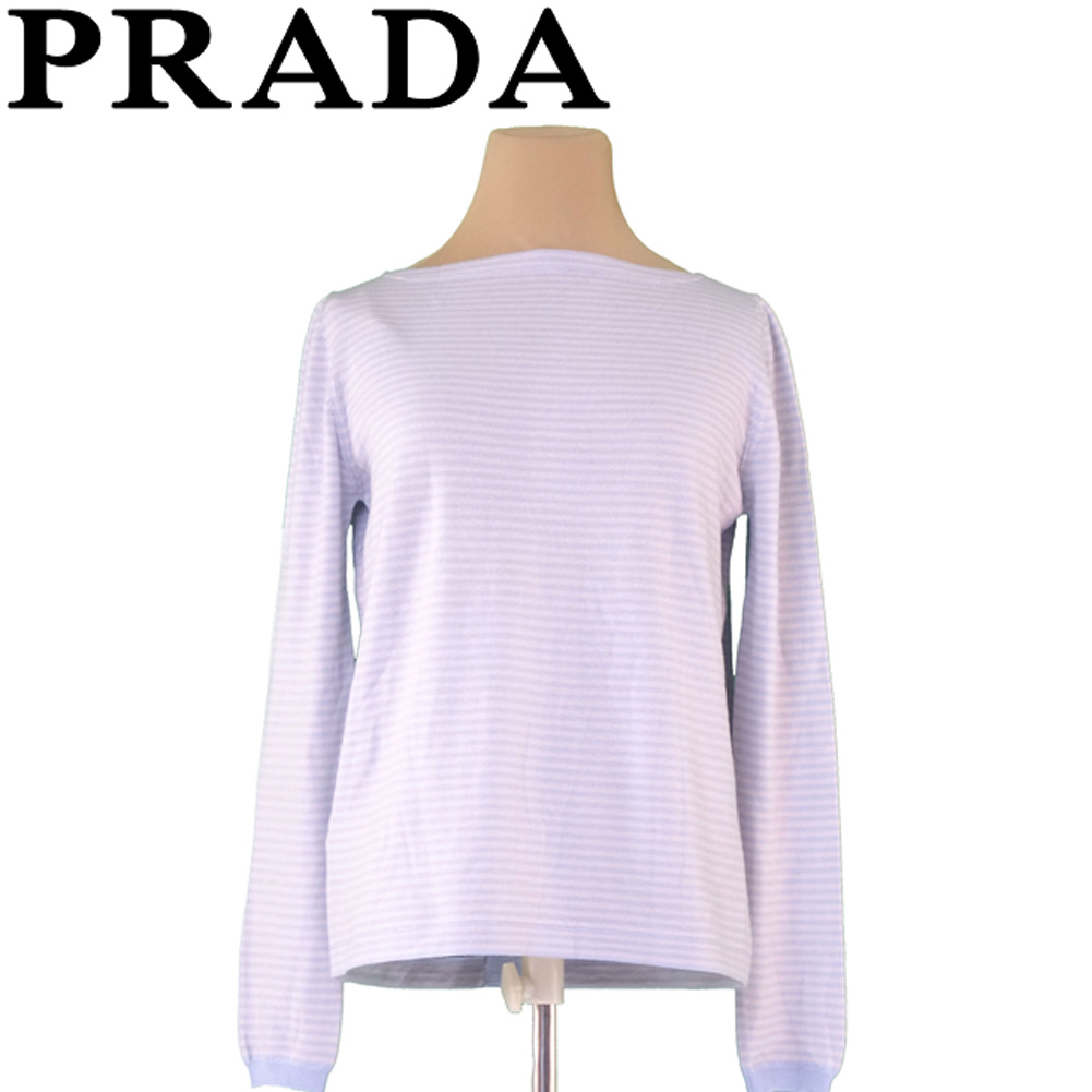 中古 プラダ ニット ボートネック 42サイズ ボーダー ブルー ベージュ バージンウール100 Prada