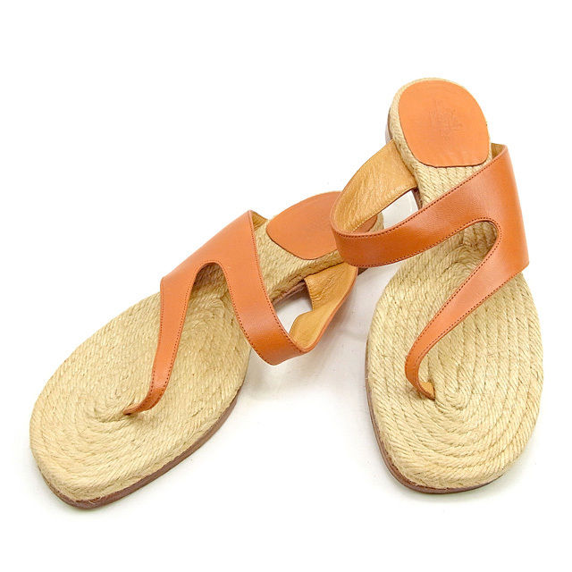 Hermes HERMES Sandals Shoes Shoes Lady's ♯ 36 Espadrille Tong Orange X  Beige Leather X Jute Popularity Sale T383