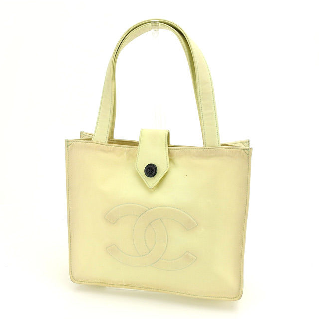 Japan Used Bag] Chanel Tote Bag Handbag With Logo Button Coco Mark Light  Yellow