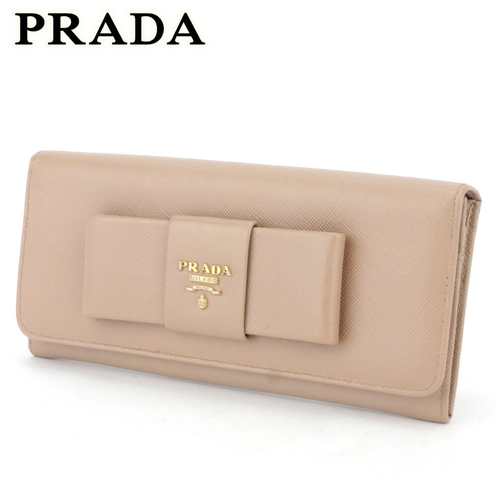 ピンク 10%オフ 財布 ゴールド レディース ベージュ サフィアーノレザー 【中古】 PRADA 送料無料 財布 リボン 期間限定ポイント2倍  ファスナー付き 【値下げ中】 収納 ベージュ プラダ 【ファッションセール】 【ラスト1個】 長サイフ 長財布 PRADA サイフ