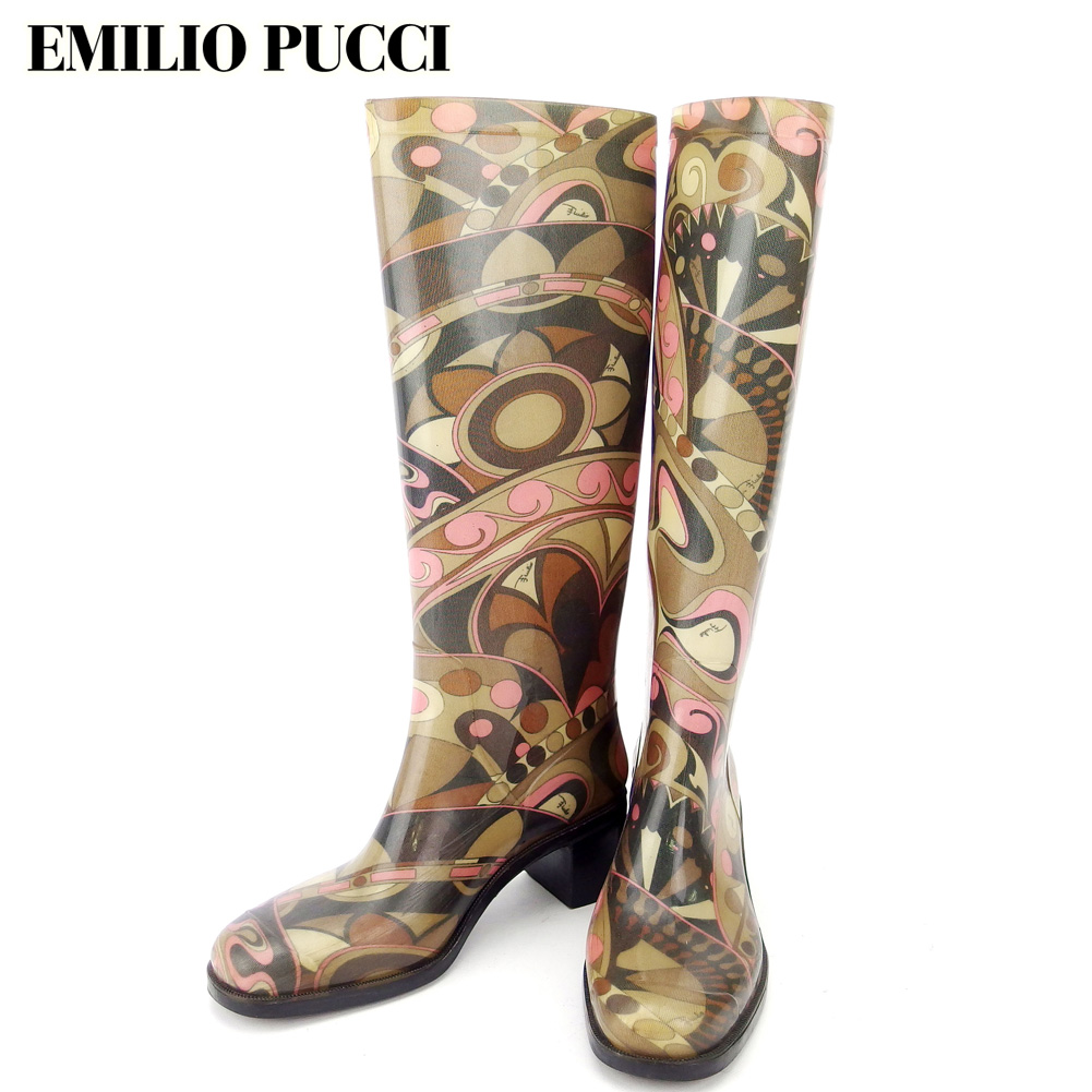 中古 エミリオ プッチ レインブーツ シューズ 靴 37 ロング ブーツ プッチ 柄 ベージュ ブラウン ピンク系 ラバーemilio Pucci レディース プレゼント 贈り物 1点物 人気 良品 秋 ファッション 大人 オシャレ 在庫一掃 エミリオ プッチ T A