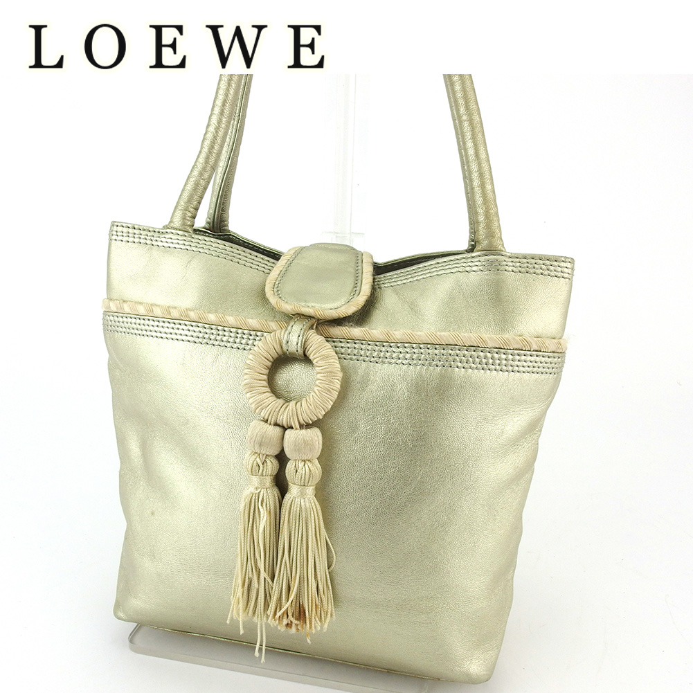 激安ブランド 中古 ロエベ トートバッグ トート ハンドバッグ レディース タッセル ゴールド ベージュ レザー Loewe ロエベ T 高速配送 Joescollisionrepair Com