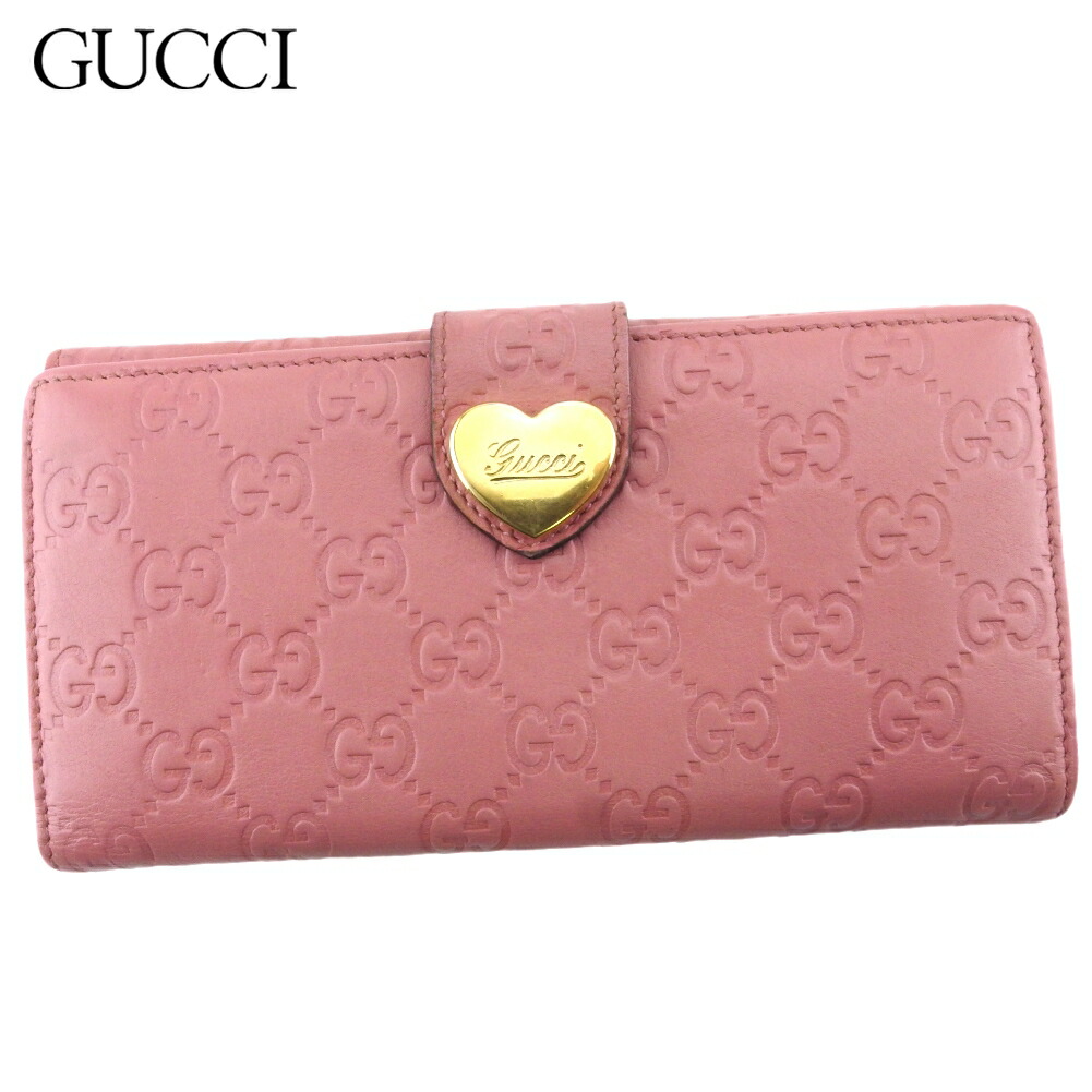 中古 グッチ 長財布 Wホック 財布 レディース ラブリーハート グッチシマ ピンク ゴールド レザー Gucci G1596 Psicologosancora Es