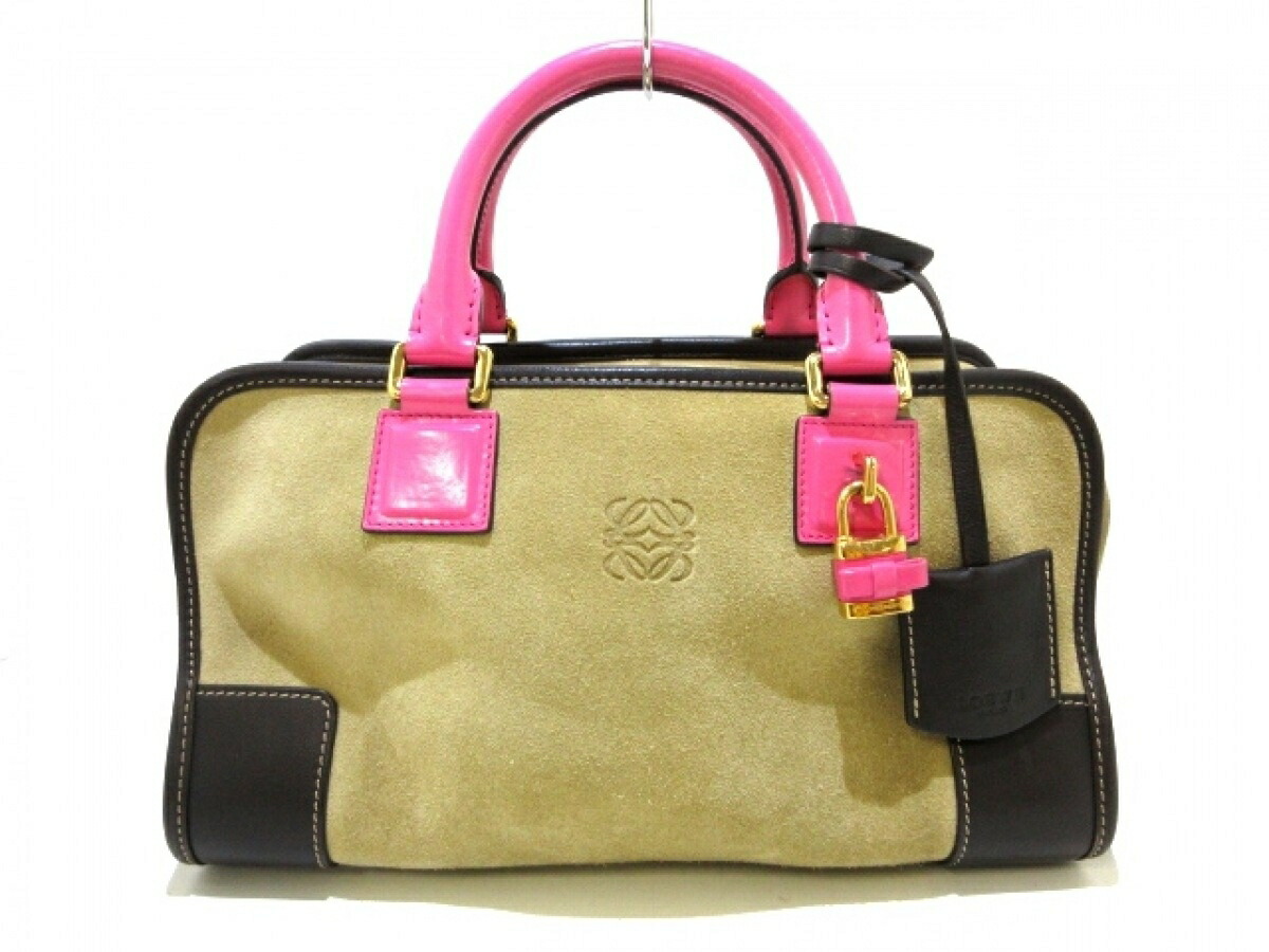 人気が高い スエード レザー 中古 ベージュ ダークブラウン ピンク アマソナ28 オロ ハンドバッグ Loewe ロエベ Rashiastrologer Com