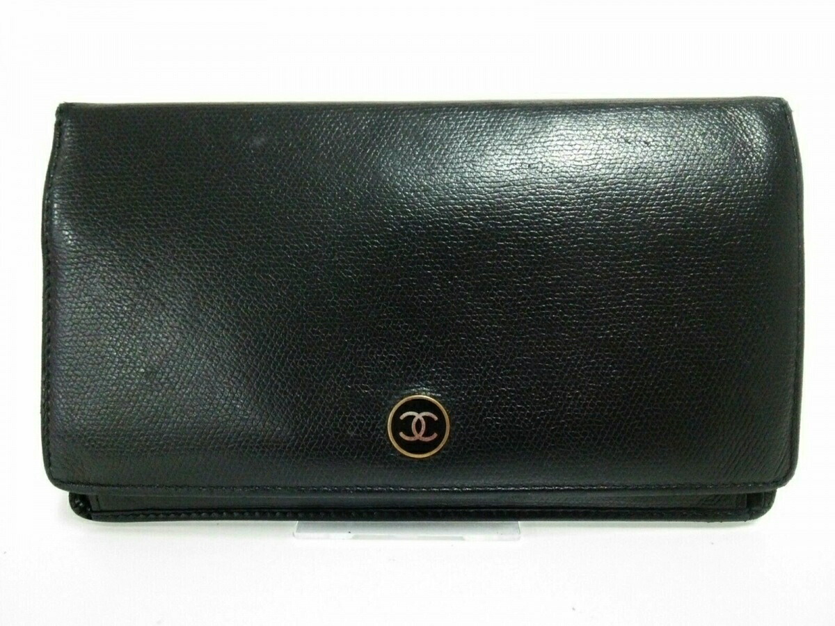 ココボタン Chanel シャネル 黒 レザー 黒 ゴールド金具 長財布 ココボタン 中古 ブランディア 店 新着 1112