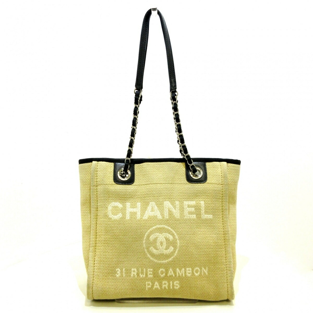 中古 Chanel シャネル ドーヴィルラインpm ショルダーバッグ レディース チェーンショルダー シルバー金具 コットン ベージュ 黒 アイボリー Fmcholollan Org Mx