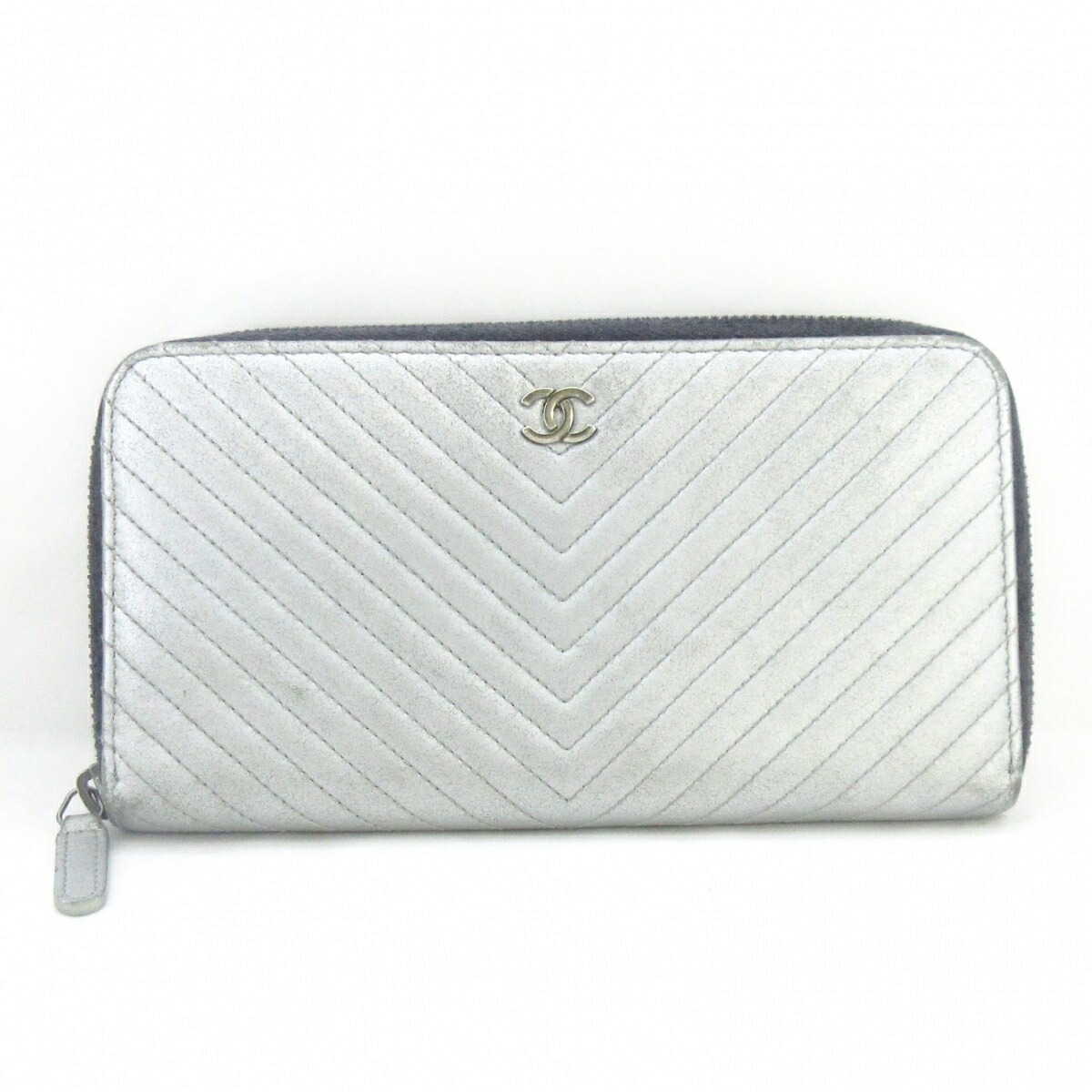中古 Chanel シャネル V目 主任者札入れ ラウンドファスナー 銀金具 シルバー ラム酒人肌 Emescla Com Br