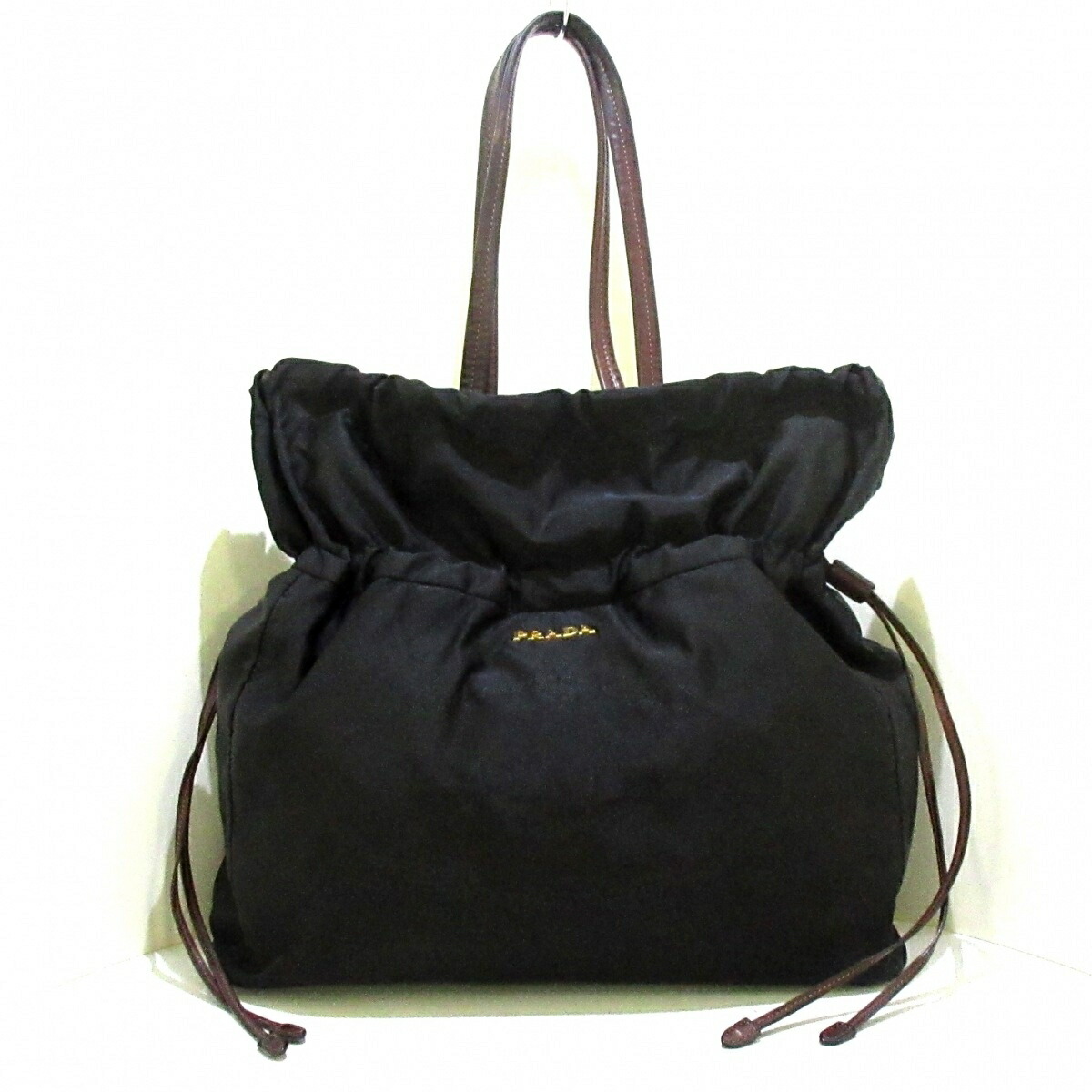 中古 Prada プラダ ロゴジャガード トートバッグ 革タグ 黒 ダークブラウン ナイロン レザー Andapt Com