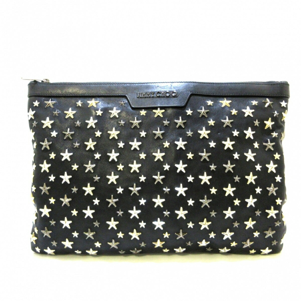 中古 Jimmy Choo ジミーチュウ デレク クラッチバッグ スター 黒 シルバー ゴールド レザー 金属素材 Tajikhome Com