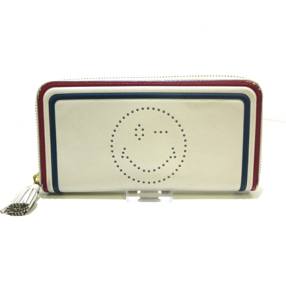 Anya Hindmarch アニヤハインドマーチ ラージジッラウンドウォレット スポーティストライプウィンク 長財布 ラウンドファスナー パンチング  トリコロール チョーク 白 ×ネイビー×ヴァンパイアサーカス レッド レザー 販売実績No.1