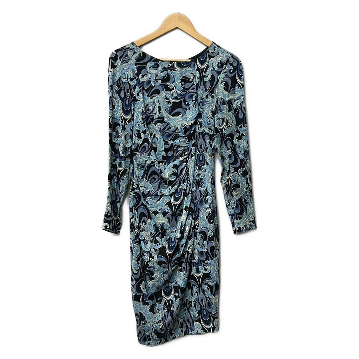 【中古】EMILIO PUCCI(PUCCI)(エミリオプッチ) ワンピース クルーネック/長袖/ひざ丈 黒&times;ライトブルー&times;マルチ｜ブランディア　店