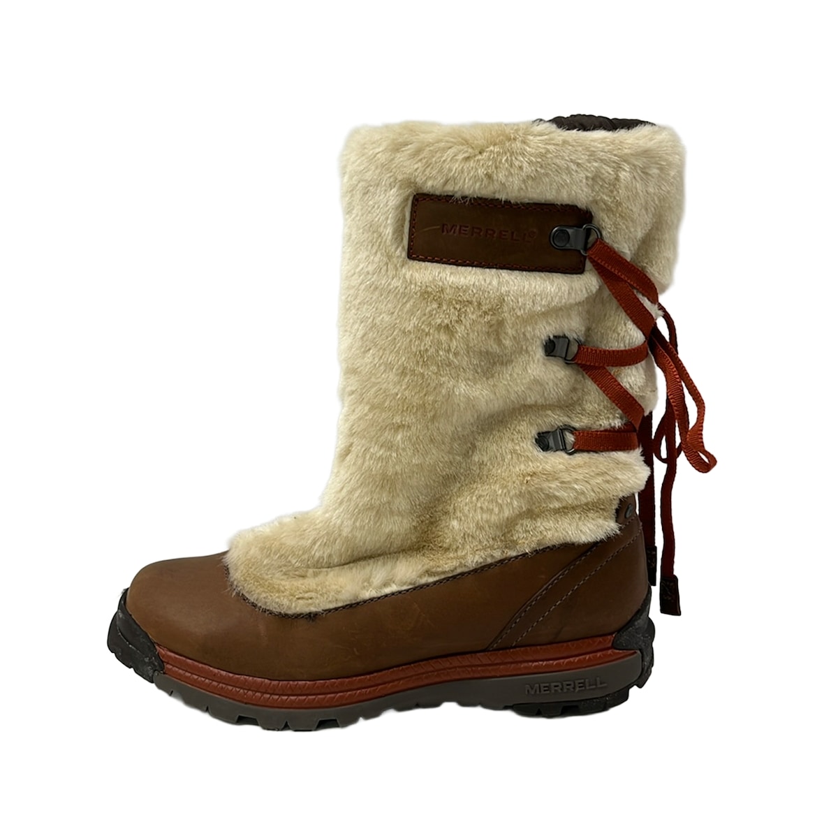 【新着】【中古】MERRELL(メレル) 遊撃手ブーツ うす暗い赤銅色×象牙色 なめし革、フェイクファー