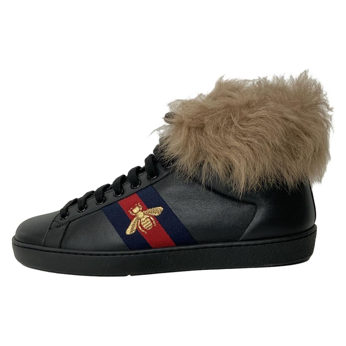 【中古】GUCCI(グッチ) エース エンブロイダリー ハイカットスニーカー スニーカー ファー/ハイカット 黒×ブルー×レッド レザー