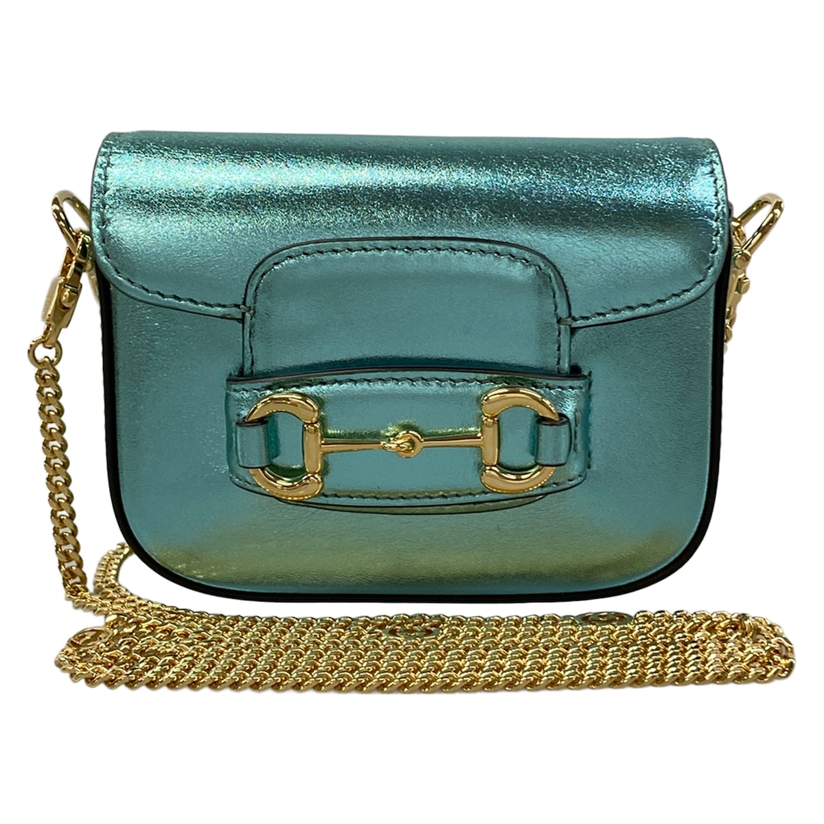 【中古】GUCCI(グッチ) 導管ビット ショルダーバッグ チェーン店肩先/ミニ メタリックブルー なめし革