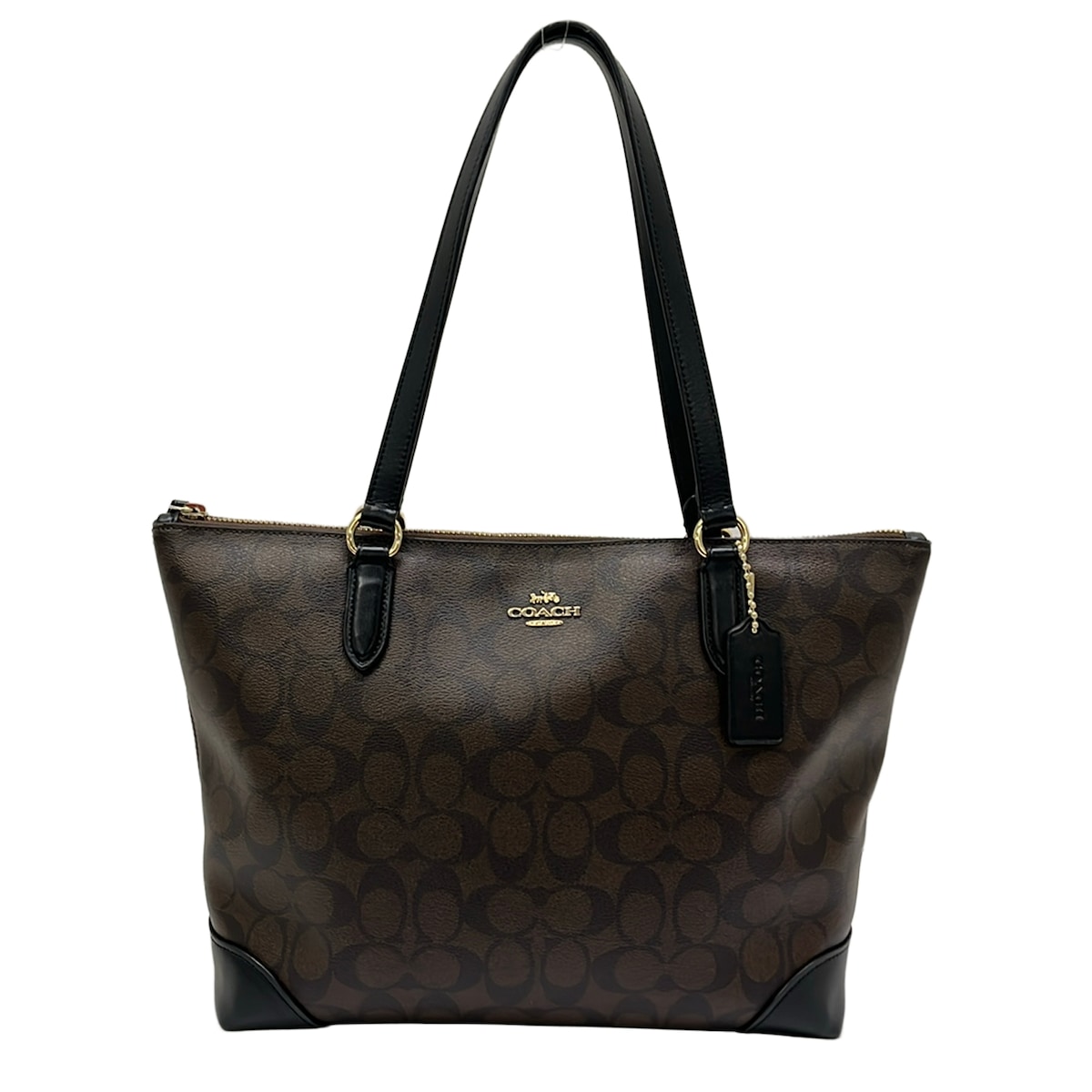 【中古】COACH(コーチ職) ラグジュアリー 名書き PVC なめし革 ジップ いの一番 トート ショルダーバッグ うす暗い赤銅色×黒 なめし革
