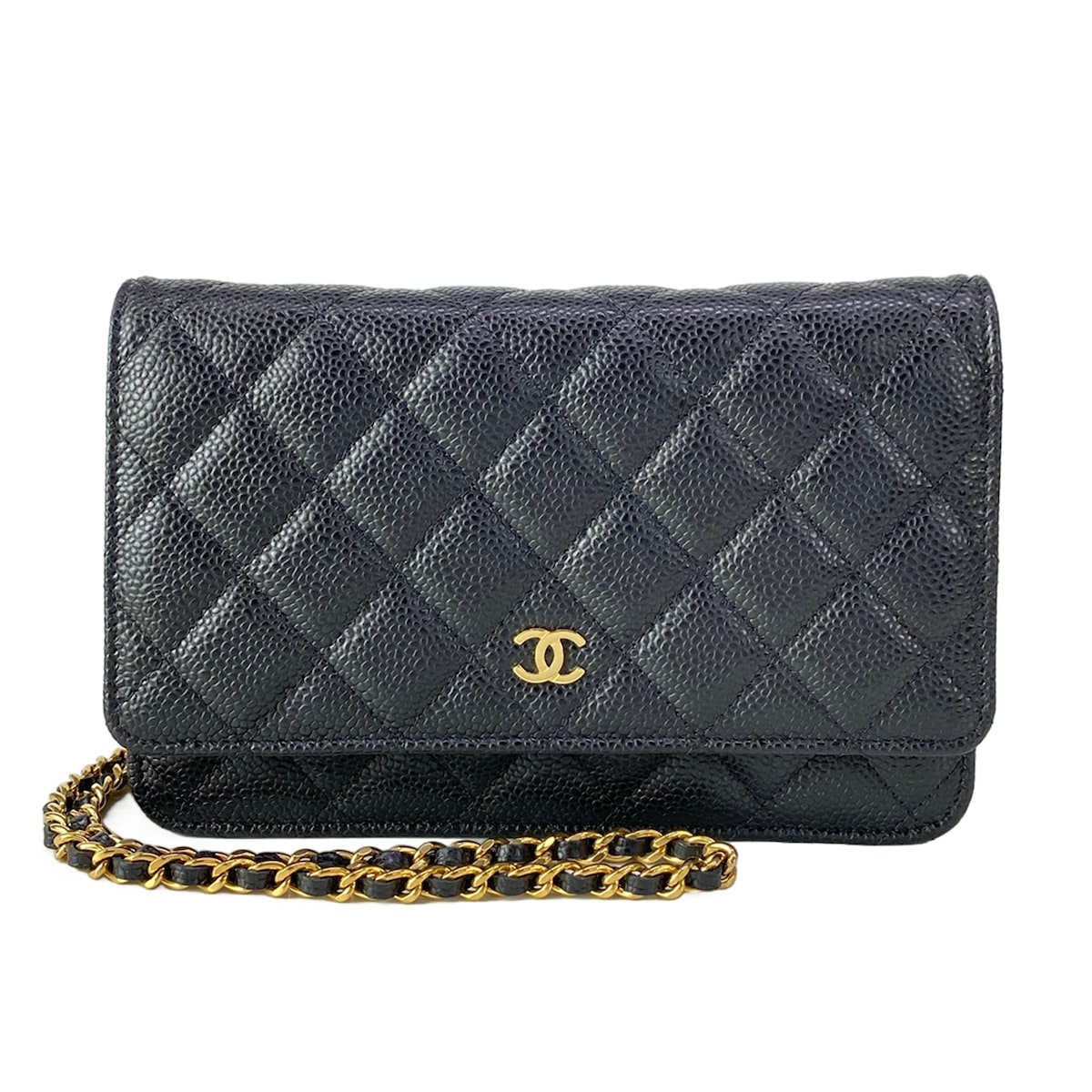 【中古】CHANEL(シャネル) マトラッセ 金入れ チェーンウォレット/ゴールド金具/メタルシリアルプレート 黒