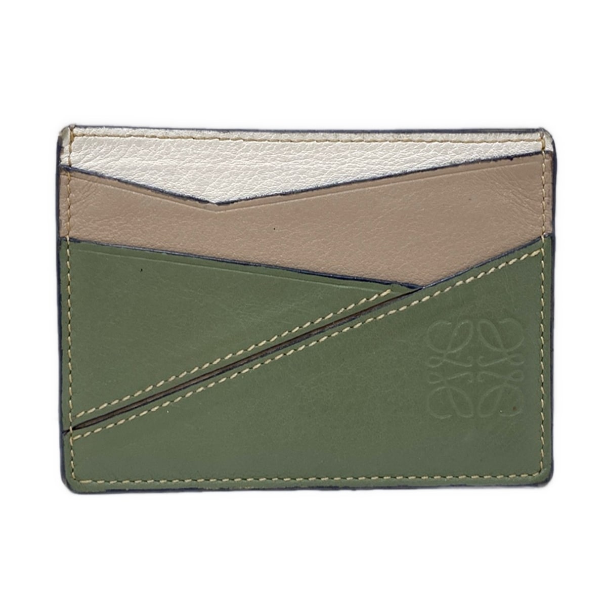 【中古】LOEWE(ロエベ) パズルプレーンカードホルダー 歌留多容れもの カーキ×赤銅色×白 なめし革