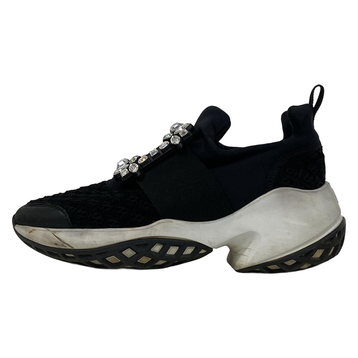 【中古】RogerVivier(ロジェヴィヴィエ) スニーカー ビジュー/インソール取外し可 黒×白 レザー