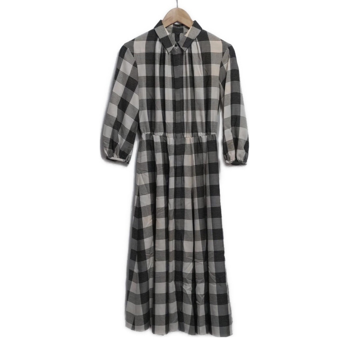 【中古】ANAYI(アナイ) ワンピース レギュラーカラー/長袖/マキシ丈/チェック柄 ライトベージュ×黒×グレー