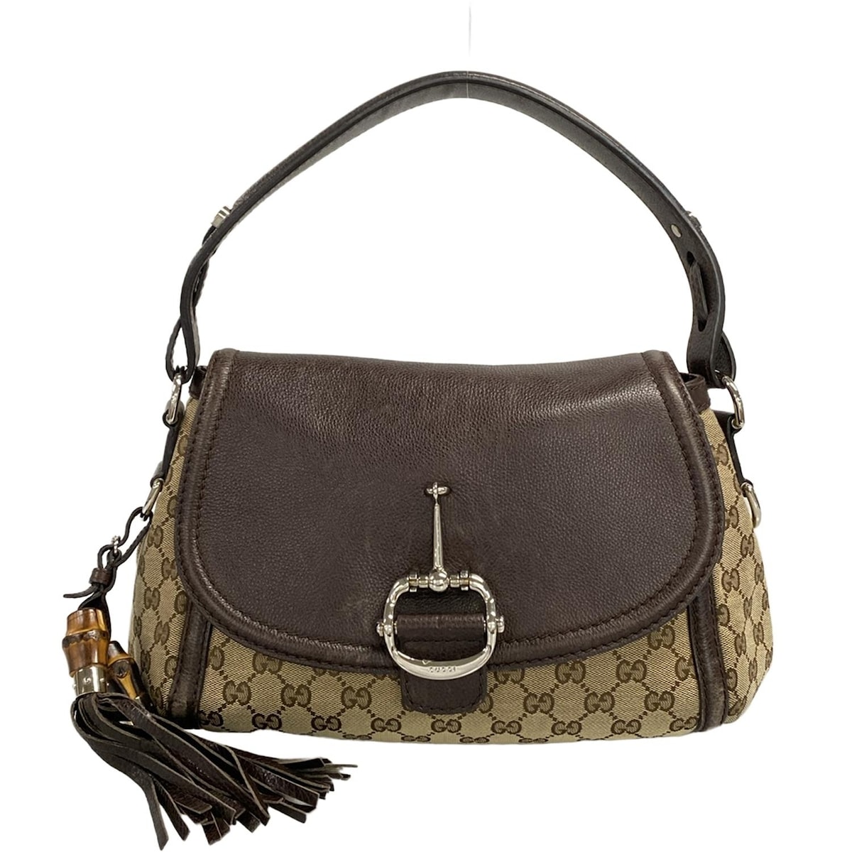 【中古】GUCCI(グッチ) ホースビット,GG柄 ハンドバッグ ダークブラウン×ベージュ レザー
