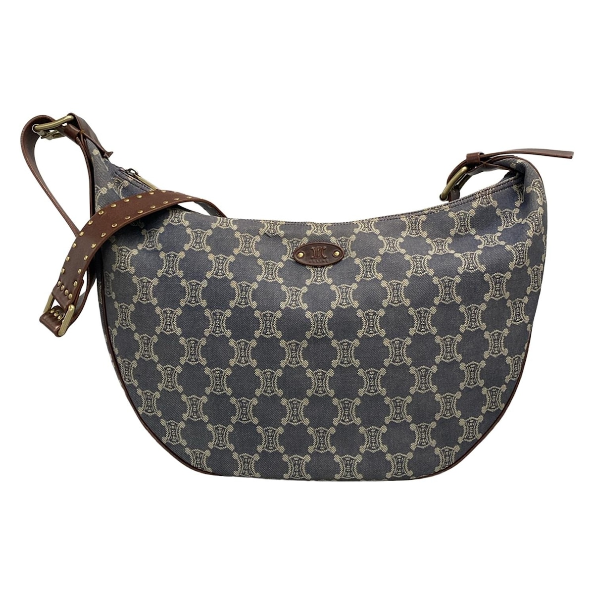 【中古】CELINE(セリーヌ) パリマカダム ショルダーバッグ スタッズ ネイビー×アイボリー×ダークブラウン レザー