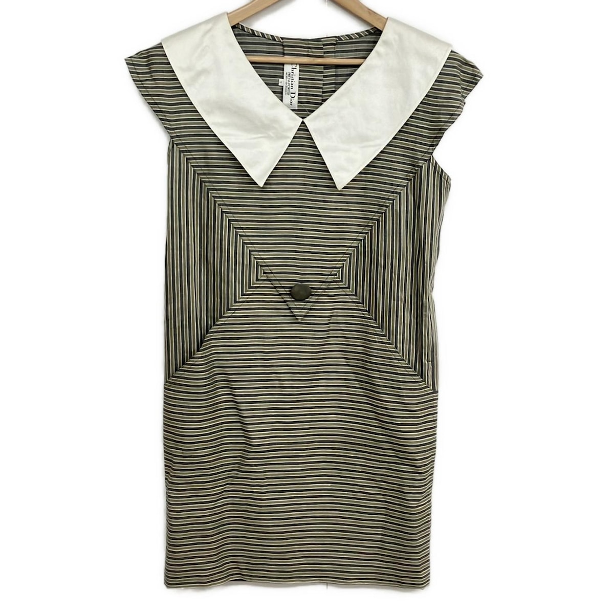 【中古】DIOR/ChristianDior(ディオール/クリスチャンディオール) ワンピース 半袖/ボーダー/ストライプ/シルク/麻 カーキ×黒