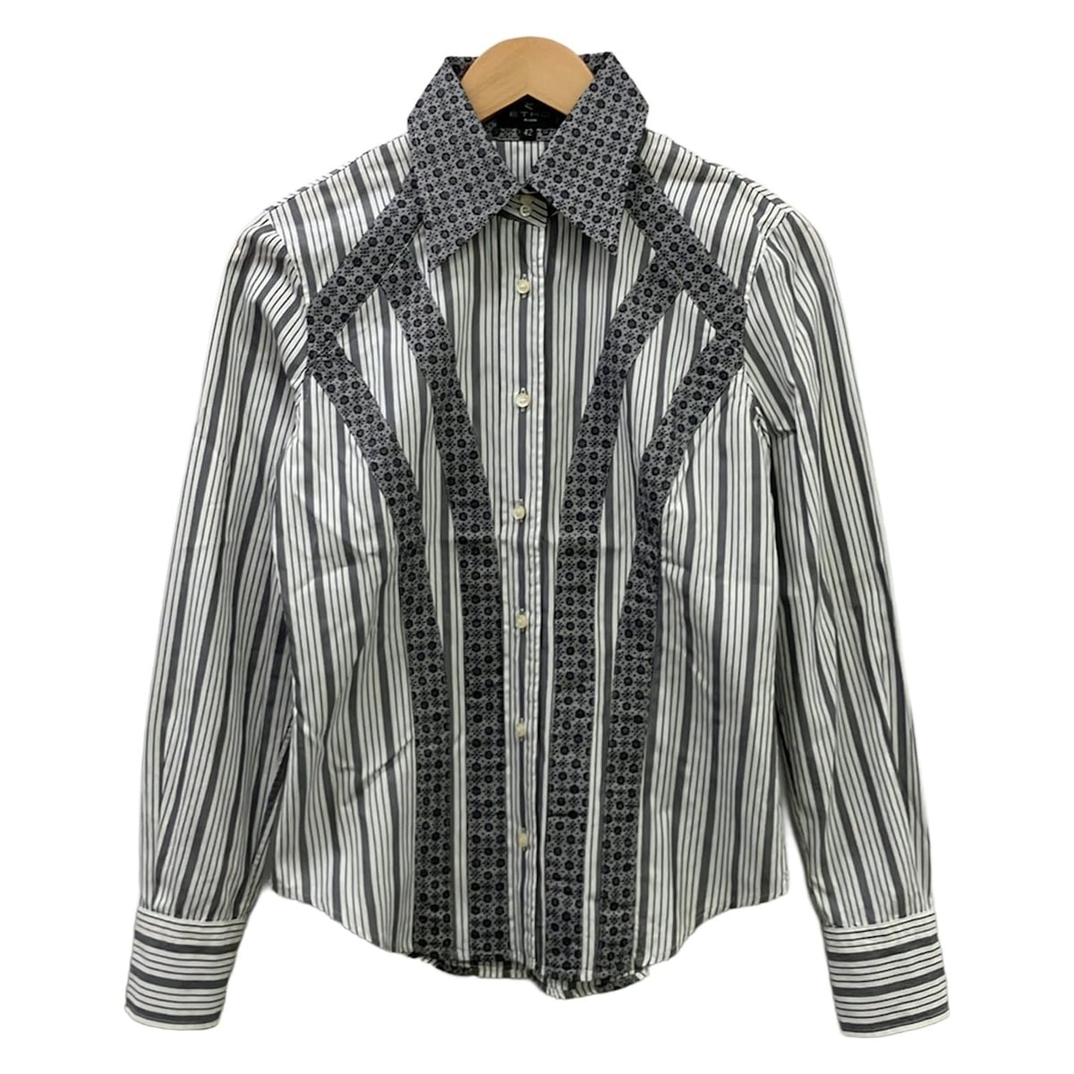【中古】ETRO(エトロ) 長袖シャツ ストライプ/花柄 白×ライトグレー