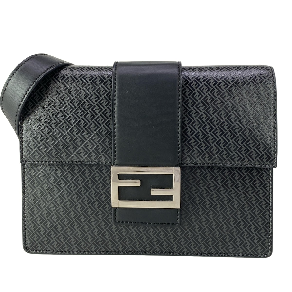 【中古】FENDI(フェンディ) フラットバゲット/ズッキーノ柄 ショルダーバッグ 黒×ダークグレー レザー