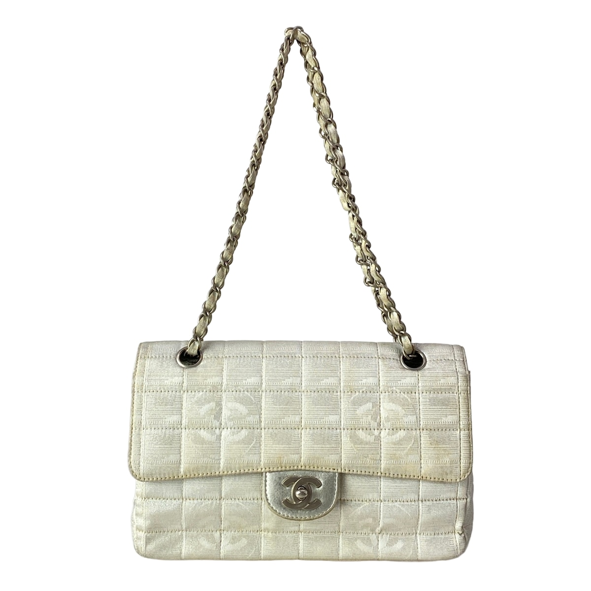 【中古】CHANEL(シャネル) ニュートラベルライン/チョコレート赤ちょうちん ショルダーバッグ チェーン店肩部/しろがね色金具 しろがね色×白 なめし革