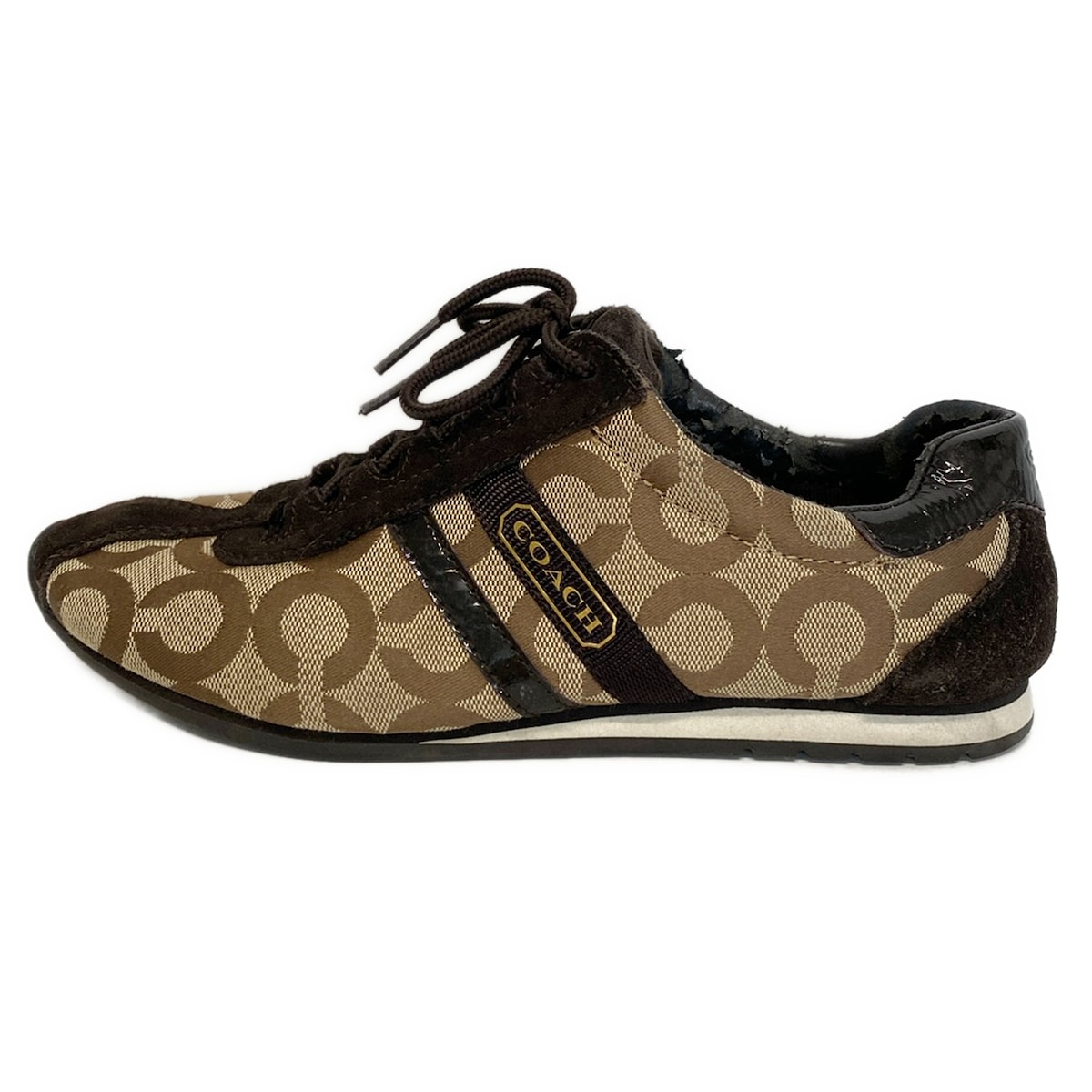 【中古】COACH(コーチ) オプアート スニーカー ダークブラウン×ベージュ レザー