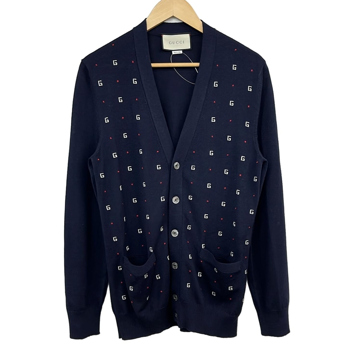 【中古】GUCCI(グッチ) カーディガン 長袖/19ss/ミケーレ期/Gモチーフ ネイビー×白×レッド 26,567円