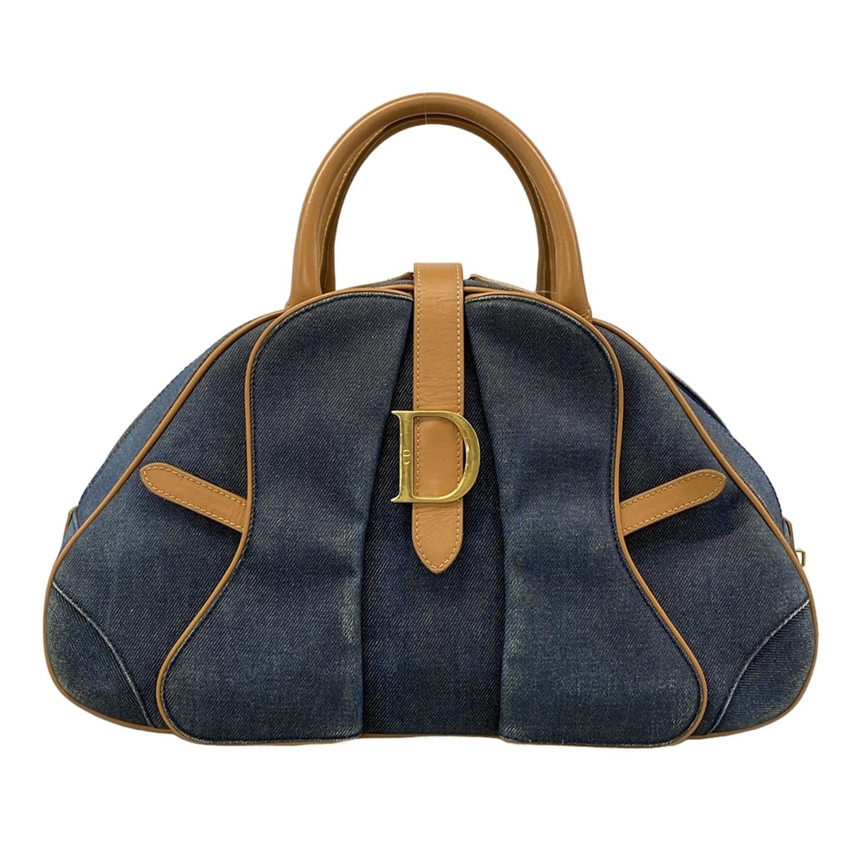 【中古】DIOR/ChristianDior(ディオール/クリスチャンディオール) ダブルサドルバッグ ハンドバッグ ネイビー×ライトブラウン レザー