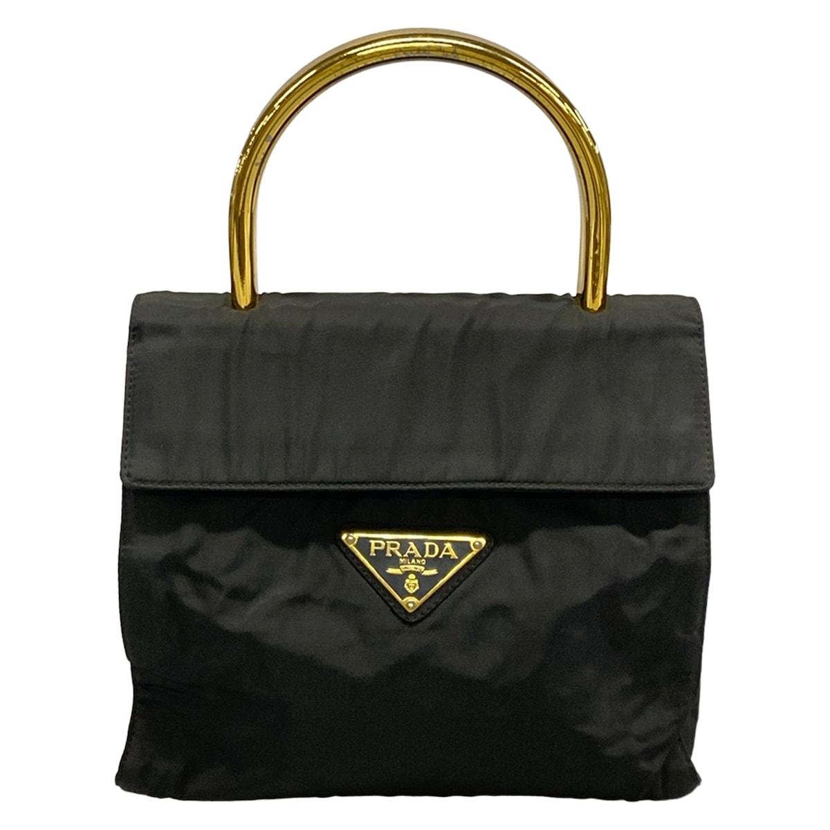 【新着】【中古】PRADA(プラダ) ハンドバック 金属元素手持ち部分/３角形ロゴタイプ 黒
