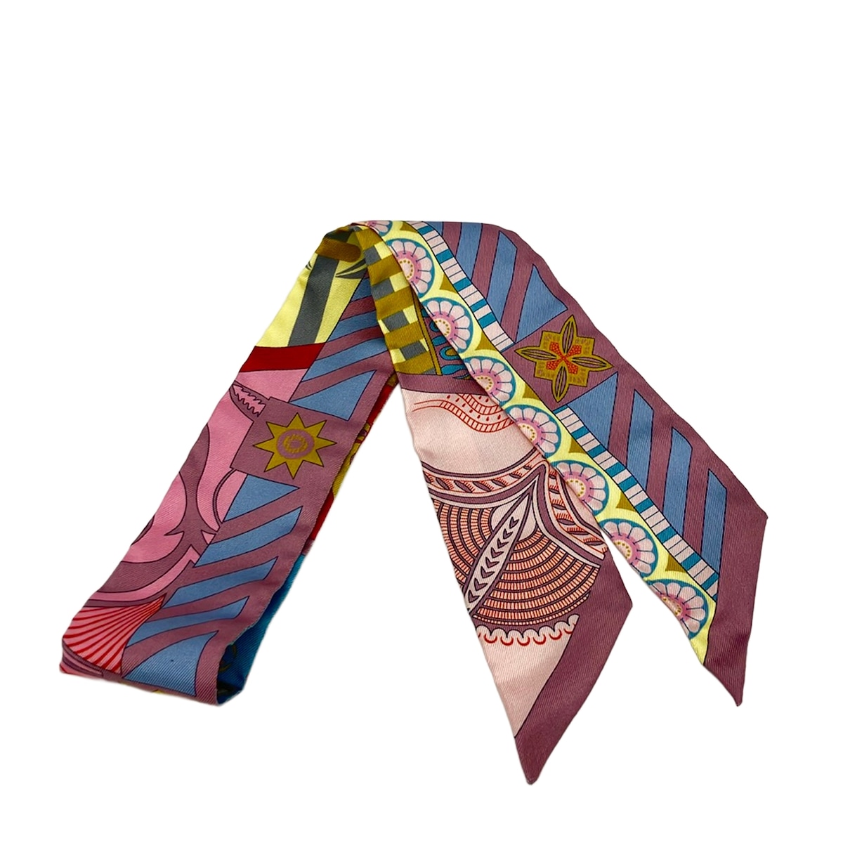 【中古】HERMES(エルメス) ツイロバート・エドワード・リー えり巻き シュロの葉えり巻き/Geometrie Cretoise/クレタの幾何学学/2015.03 ともし火青み×サクラ色×黄色 地絹