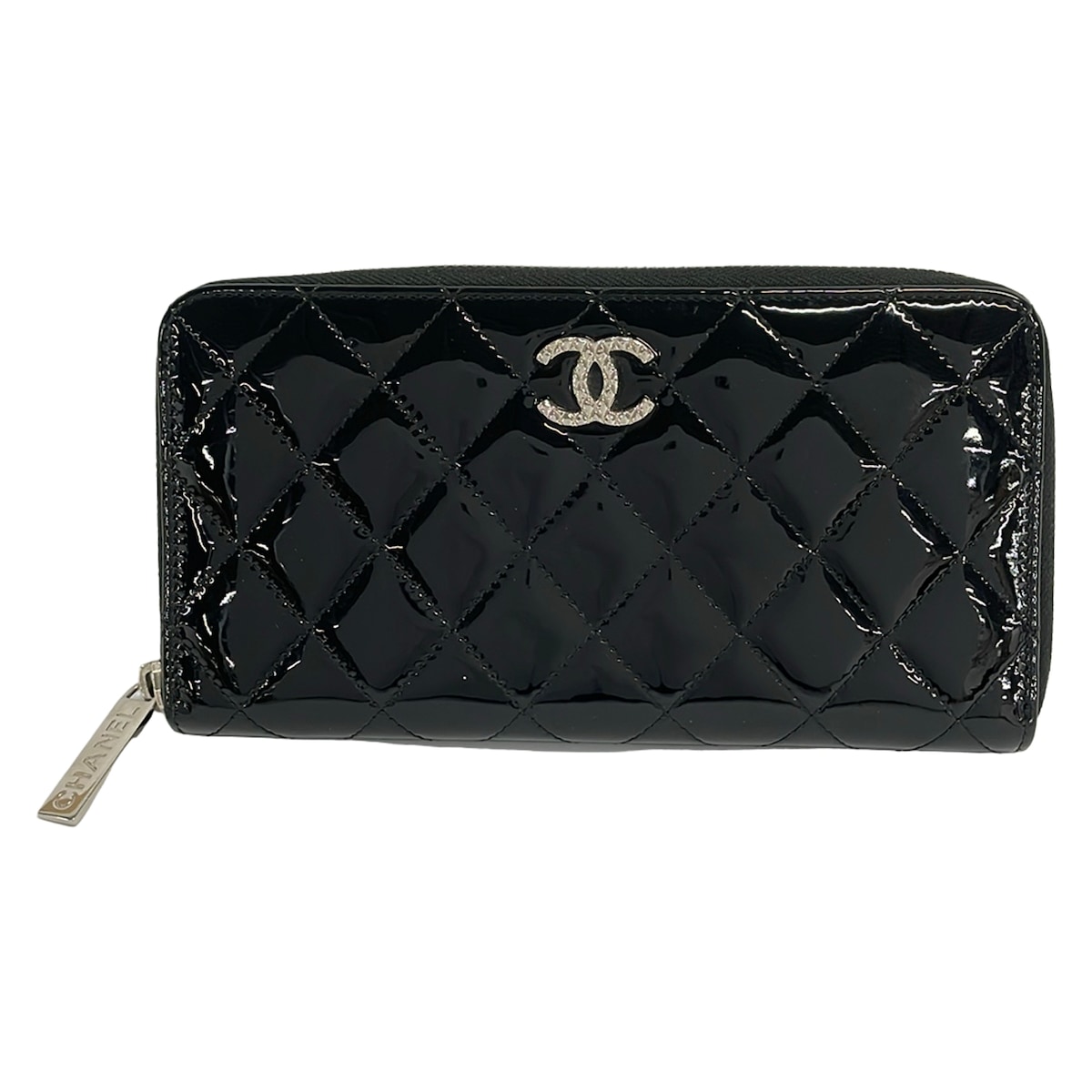 【中古】CHANEL(シャネル) マトラッセ 長紙入れ しろがね色金具/ラウンドジッパー/ココマーク 黒 なめし革