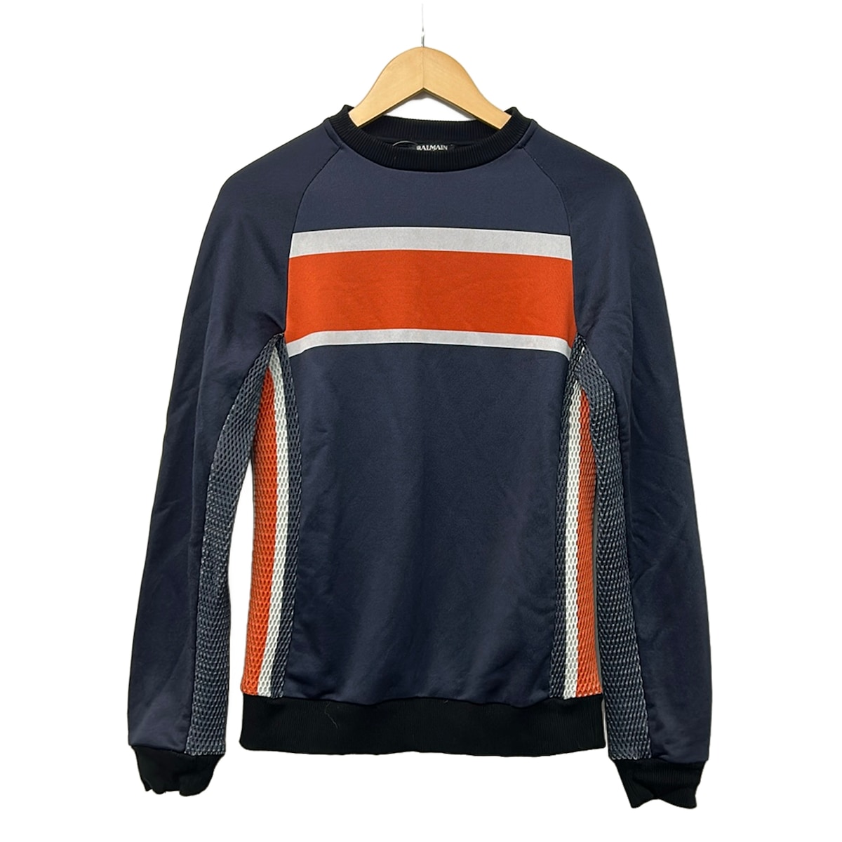 【中古】BALMAIN(バルマン) 調教師 メッシュ/長袖 ダークネイビー×オレンジ色×白
