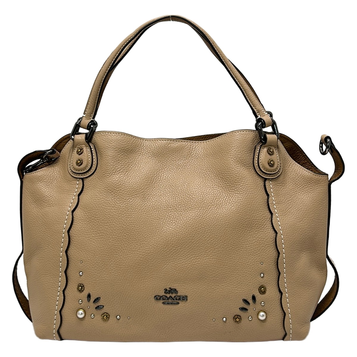 【中古】COACH(コーチ職) イーディー 肩先 御徒面子 28 ウィズ 広野 リベット 科目 トートバッグ パール/スタッズ ベージュ なめし革