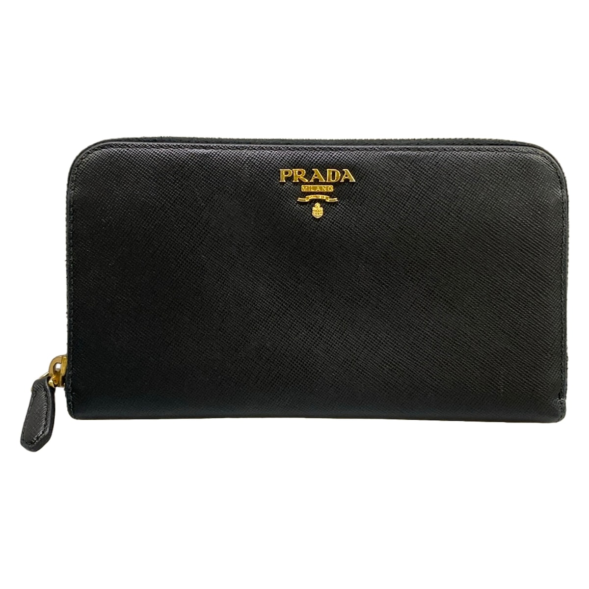 【中古】PRADA(プラダ) 長紙入れ ラウンドジッパー 黒 なめし革