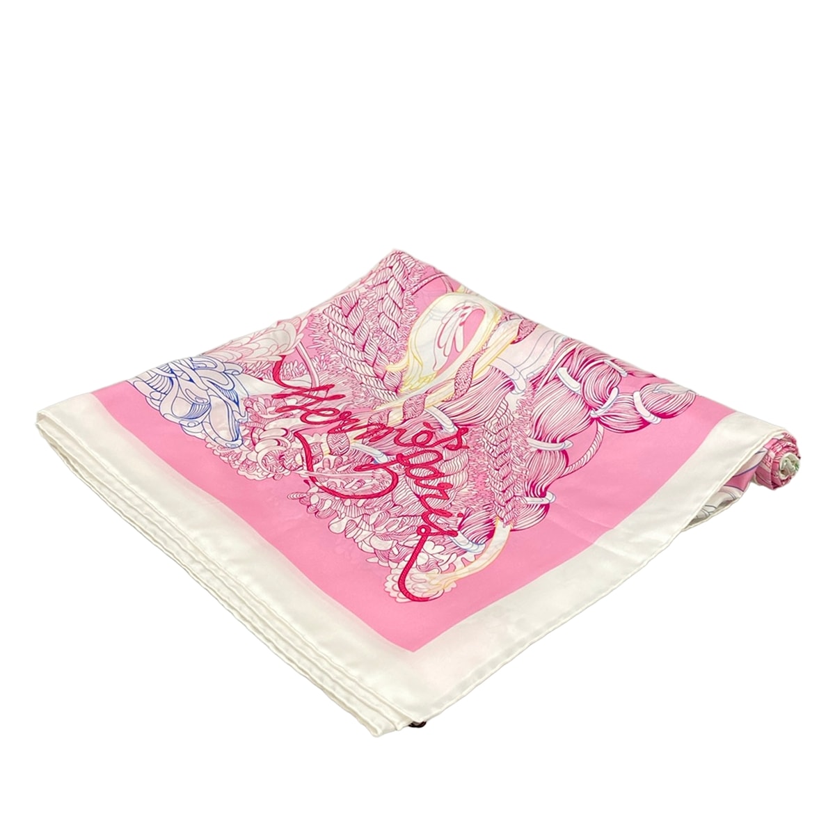 【中古】HERMES(エルメス) カレ140 えり巻き Fantaisie botanique（空想に耽るの草木誌） サクラ色×白×マルチ