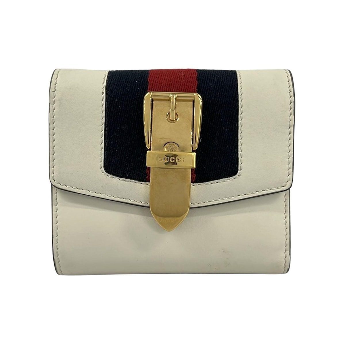 【中古】GUCCI(グッチ) シルヴィ 3つ折り紙入れ 象牙色×ダークネイビー×赤いこと なめし革