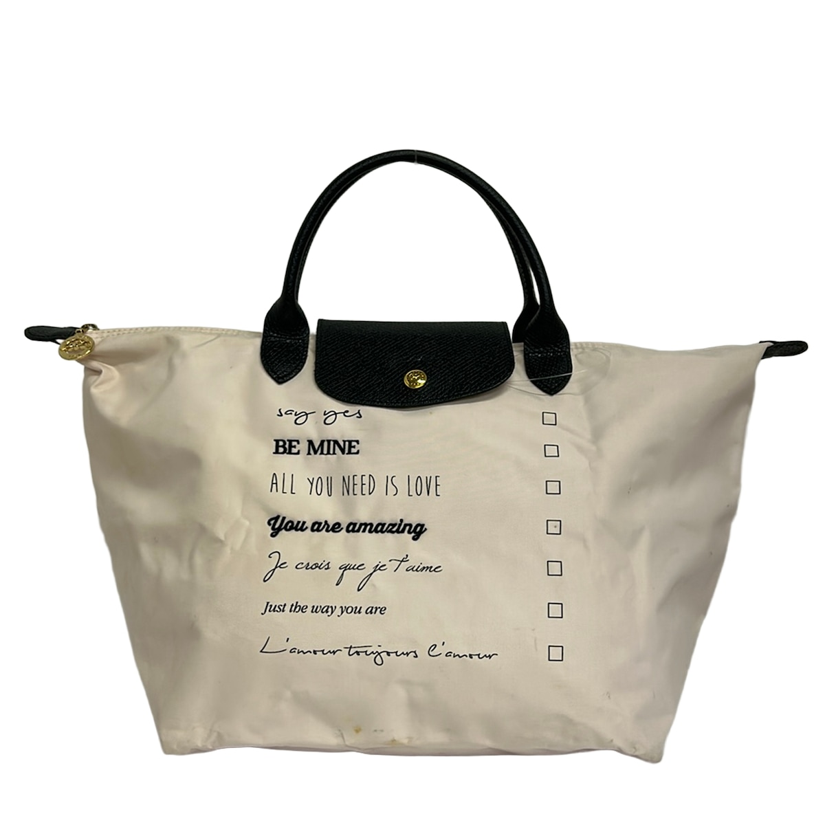 【中古】LONGCHAMP(ロンシャン) トートバッグ 折りたたみ サクラ色×黒 なめし革