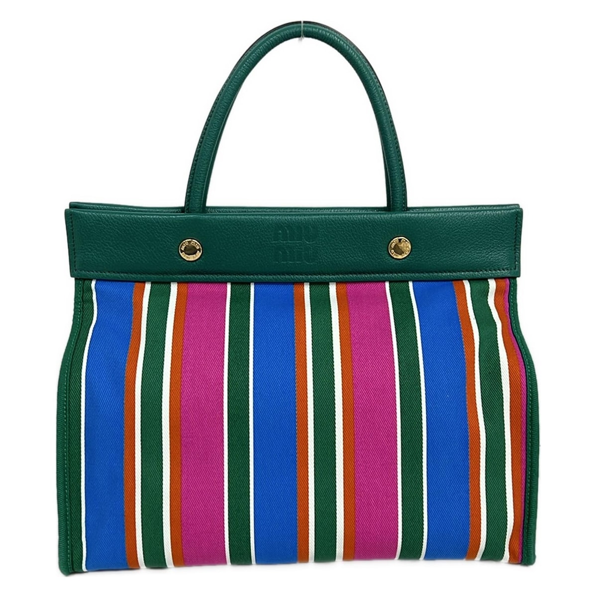 【中古】miumiu(ミュウミュウ) BORSA A MANO トートバッグ ストライプ グリーン×マルチ レザー