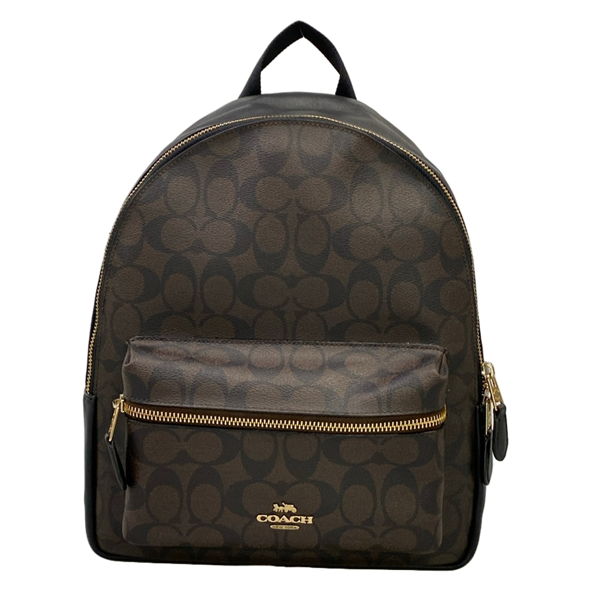 【中古】COACH(コーチ) チャーリー シグネチャー PVC レザー ミディアム バックパック リュックサック 黒×ダークブラウン レザー|ブランディア 店