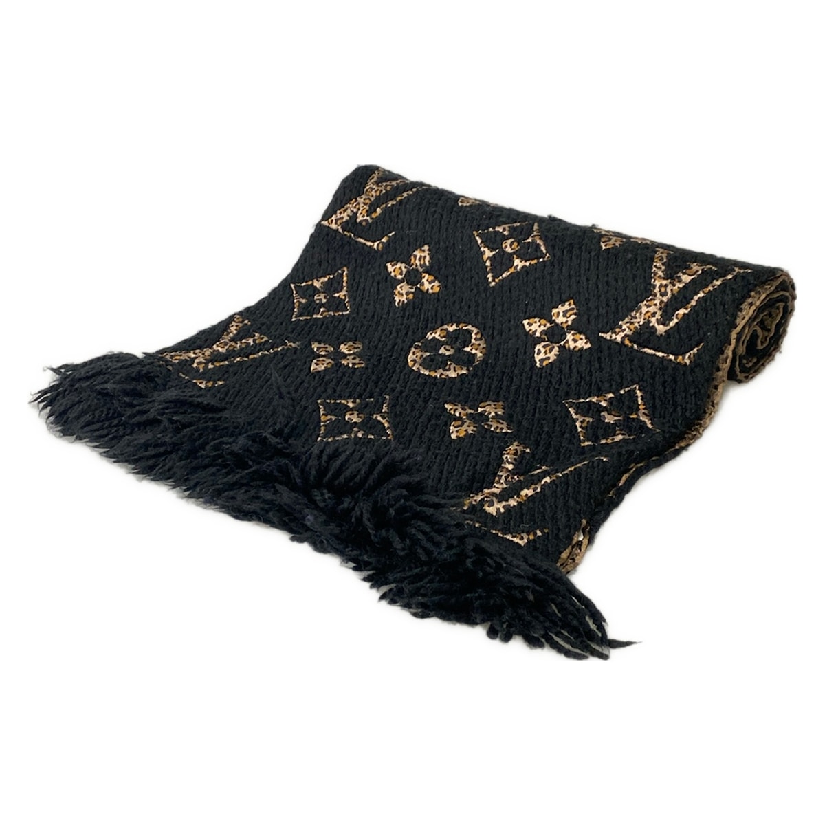 【中古】LOUIS VUITTON(ルイヴィトン) エシャルプ・ジャイアントモノグラム ジャングル マフラー 豹柄 黒×ベージュ ウール、シルク