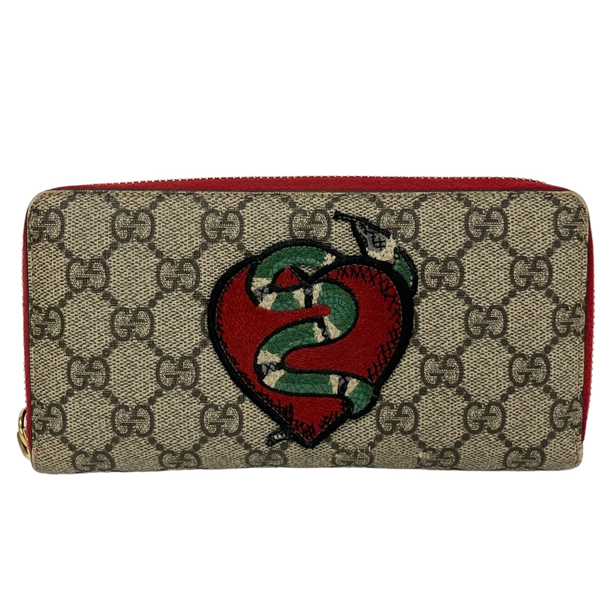 【中古】GUCCI(グッチ) GG柄 長紙入れ ラウンドジッパー/ハート形/蛇蠍 ベージュ×赤いこと×マルチ なめし革