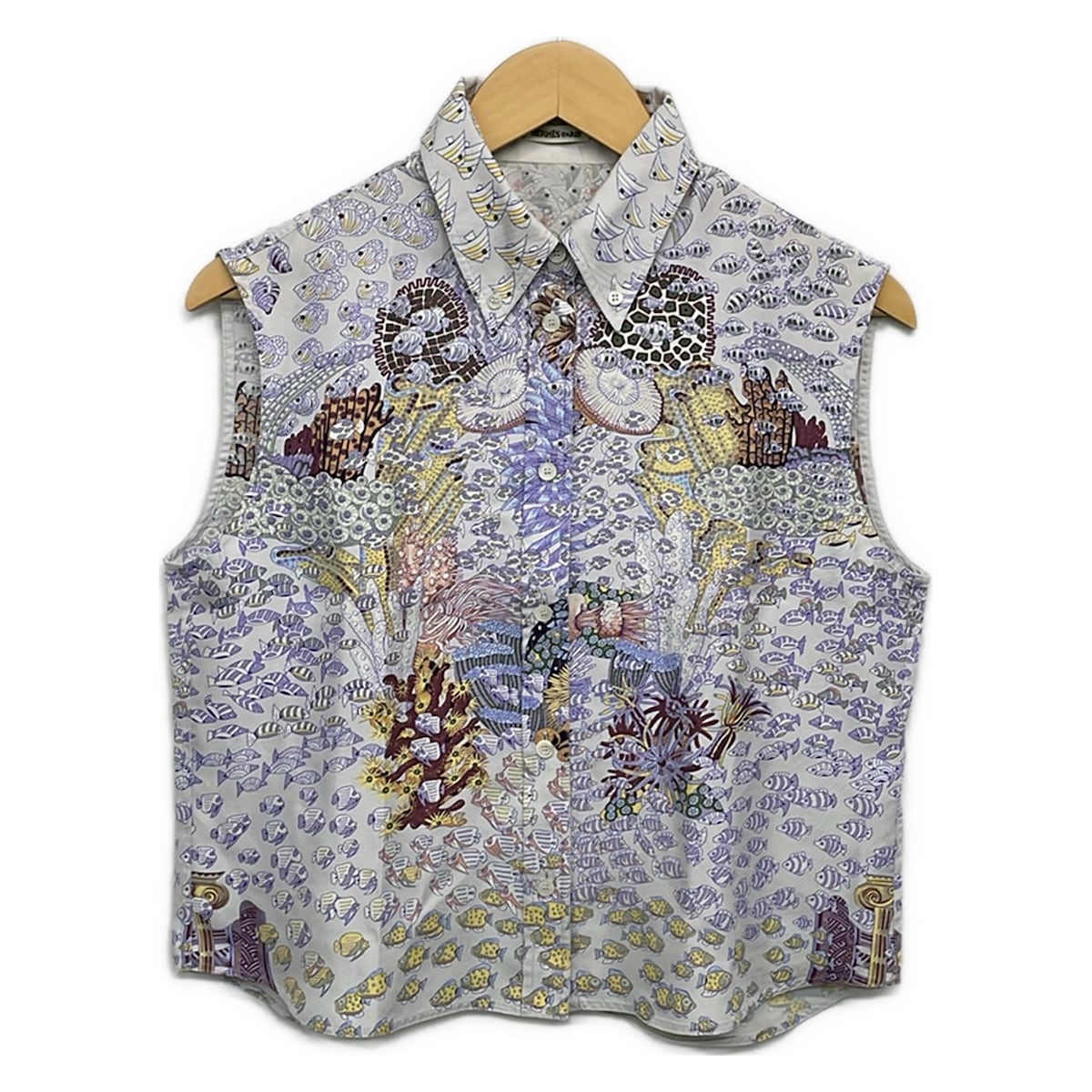 【新着】【中古】HERMES(エルメス) ノースリーブシャツブラウス Rencontre Oceane（大西洋の巡り合い） パープル×黄色×暗然たる緑であること×マルチ