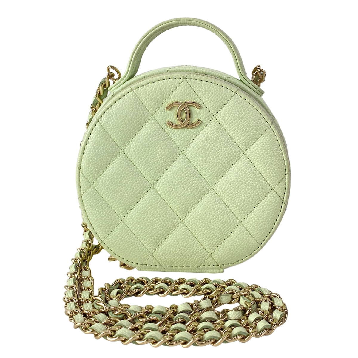 【中古】CHANEL(シャネル) マトラッセ/スモールバニティケース ショルダーバッグ チェーン店肩先/ラウンド型/ゴールド金具/ミニ御徒面子 ライトグリーン