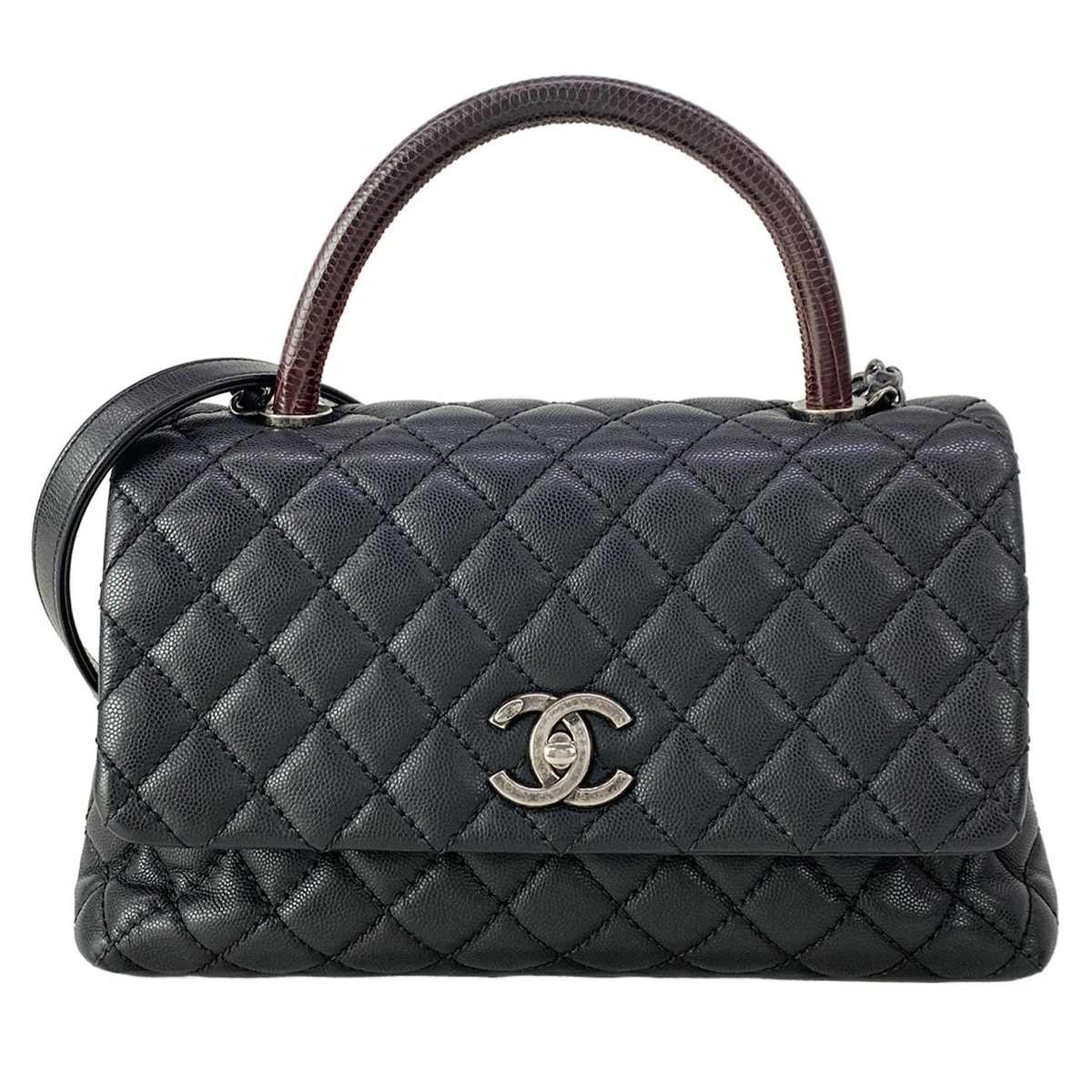 【中古】CHANEL(シャネル) ラージトップハンドル フラップ バッグ/ココハンドル/マトラッセ ハンドバッグ ヴィンテージシルバー金具/チェーンショルダー 黒×ボルドー