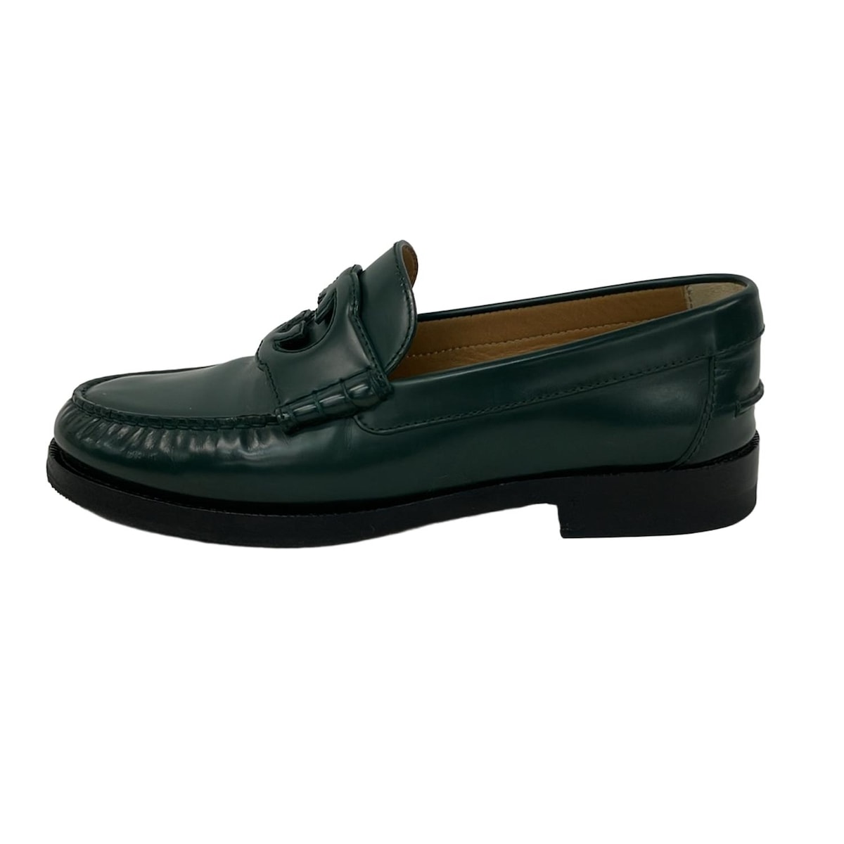 【中古】GUCCI(グッチ) インターロッキングG ローファー アウトソール張替済 ダークグリーン レザー